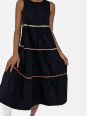 NWT Madewell Black Sleeveless Tiered Midi Dress Neon Trim Size Medium
